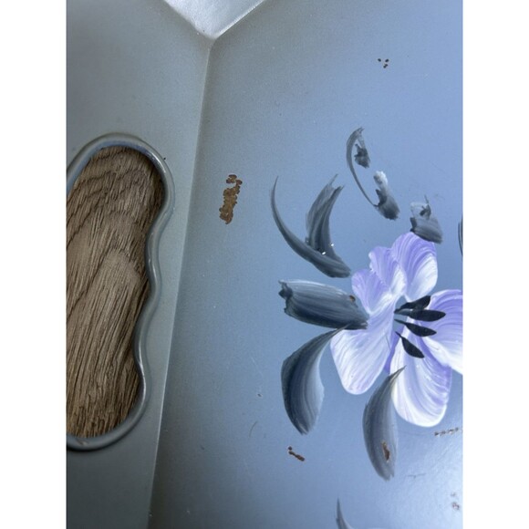 Vintage Blue Metal Nashco Tole Ware Tray Gold Trim Purple Flowers Hand Painted - Picture 7 of 10